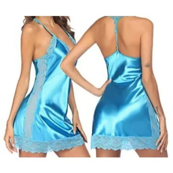 𝅺SIZE Small thru 4X - Peacock Blue Satin Chemise - Picture 2 of 3